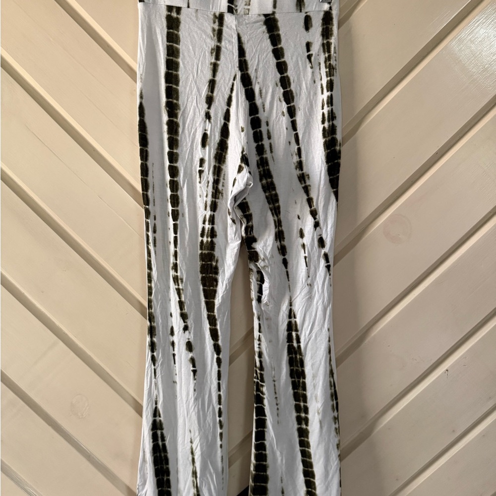 Fashion Nova White & Olive Tie-Dye Flare Pants